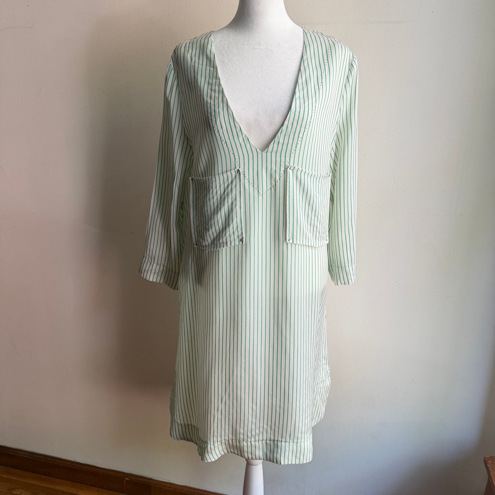 Women's Summer Dress Les Copains Striped V-Neck Shift Green White Size 4